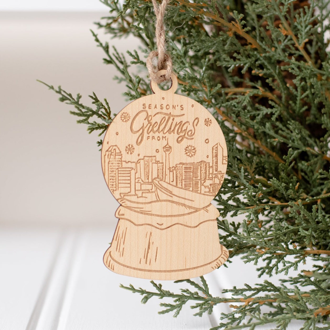 Calgary Skyline Snow Globe Wood Ornament