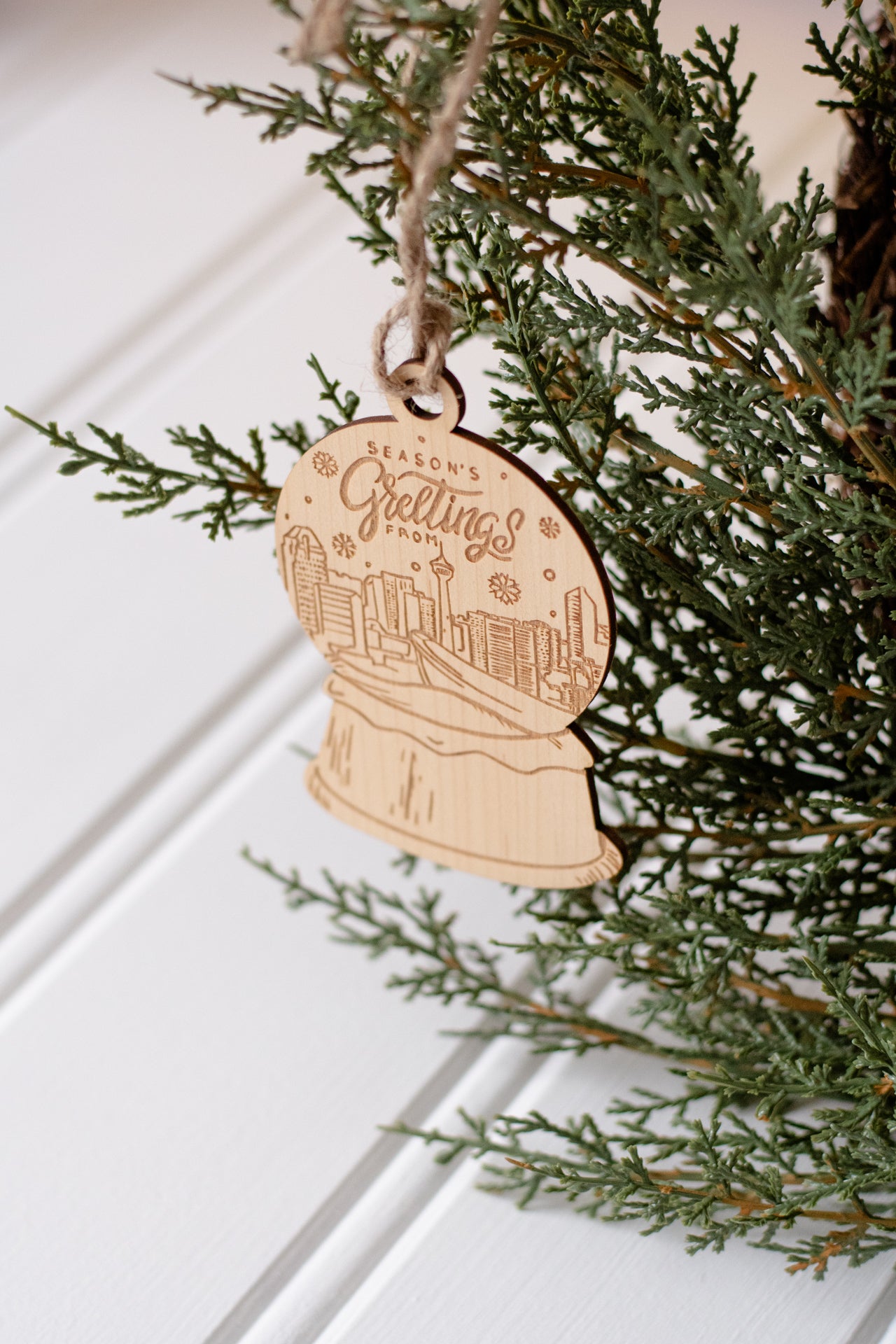 Calgary Skyline Snow Globe Wood Ornament