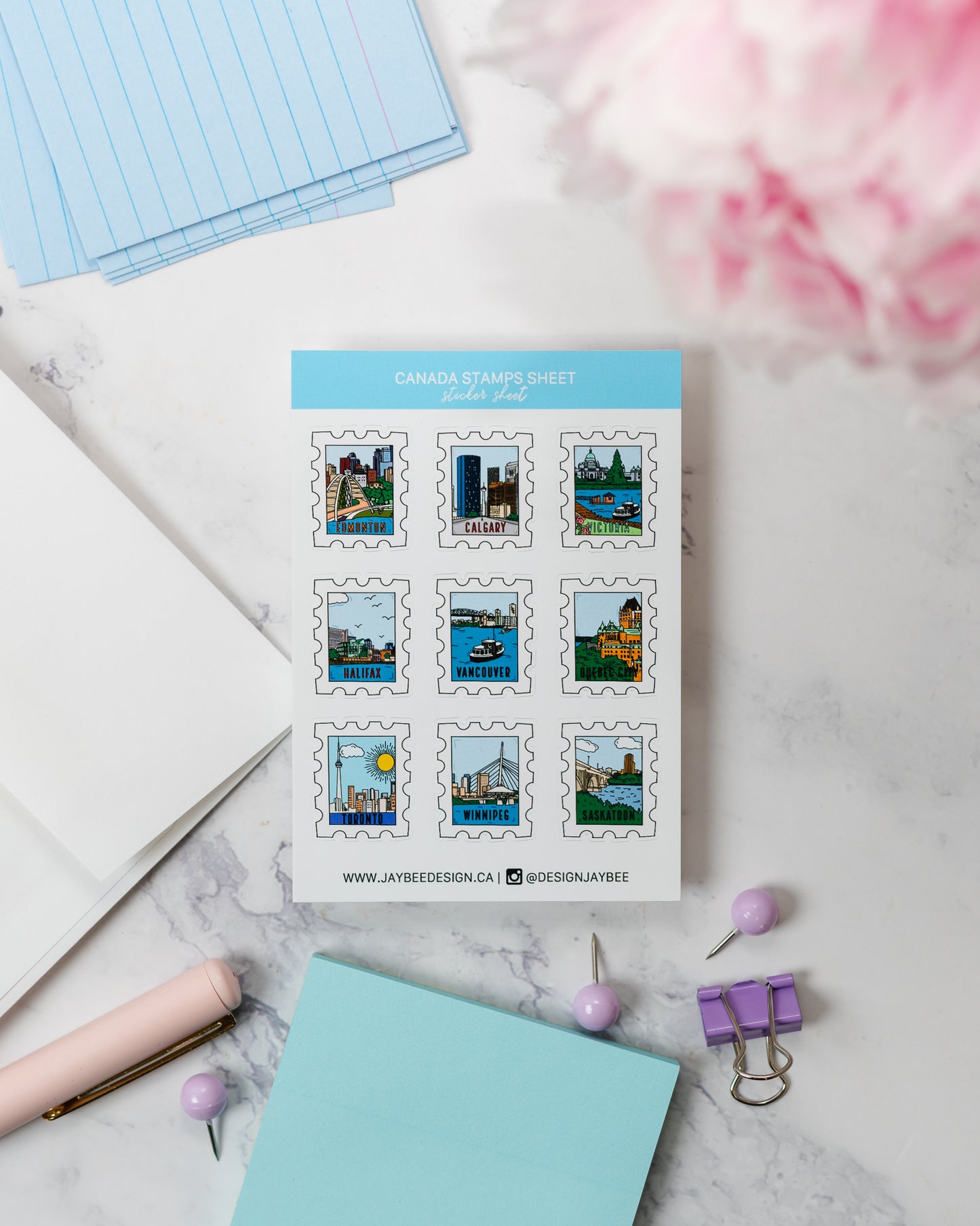 Canada City Postage Stamps Mini Sticker Sheet